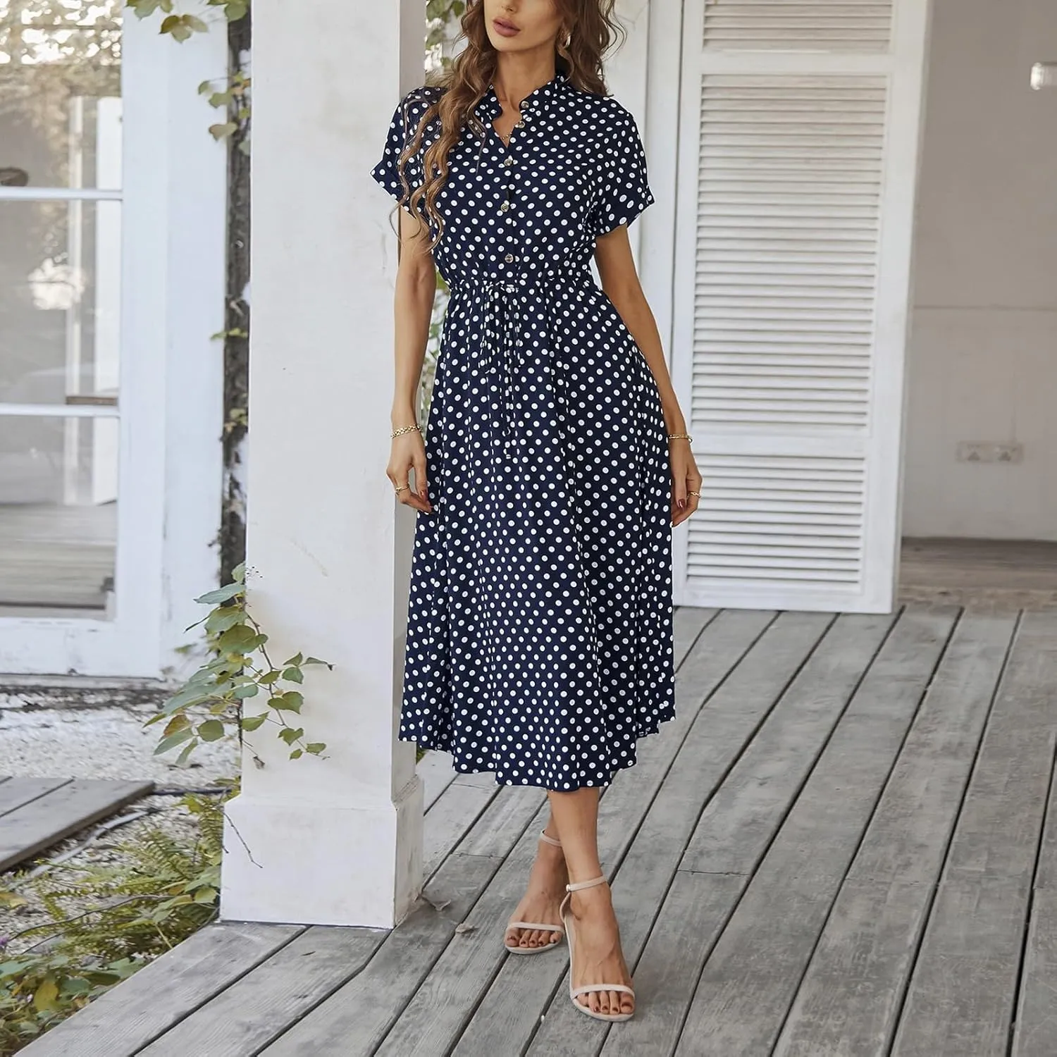 Summer Work Dresses for Women 2025 Polka Dot V Neck Button Down Short Sleeve Tie Wasit Aline Ruffle Resort Long Dresses,S-2XL