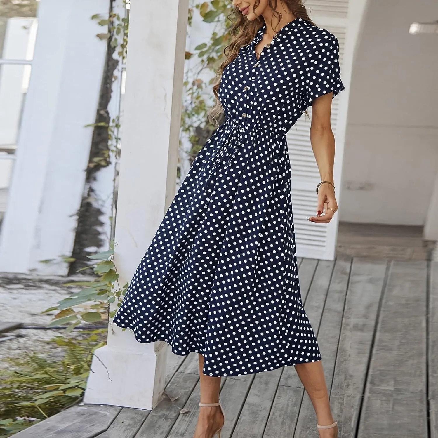 Summer Work Dresses for Women 2025 Polka Dot V Neck Button Down Short Sleeve Tie Wasit Aline Ruffle Resort Long Dresses,S-2XL