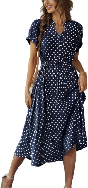 Summer Work Dresses for Women 2025 Polka Dot V Neck Button Down Short Sleeve Tie Wasit Aline Ruffle Resort Long Dresses,S-2XL