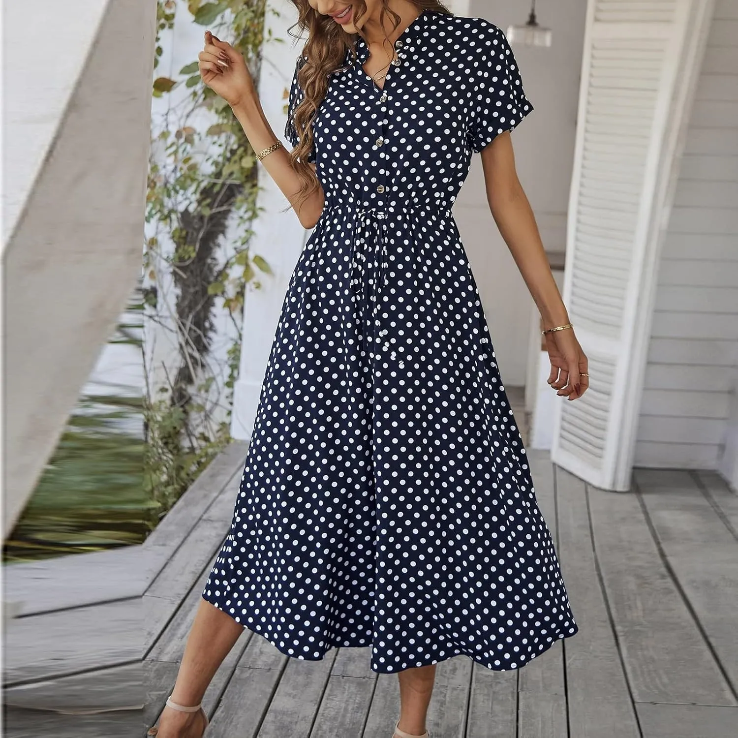 Summer Work Dresses for Women 2025 Polka Dot V Neck Button Down Short Sleeve Tie Wasit Aline Ruffle Resort Long Dresses,S-2XL