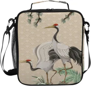 susiyo Retro White Cranes Rectangular Lunch Bag Insulated Lunch Box Reusable Tote Handbag Shoulder Bag for Adults Women Men
