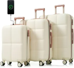SVRCK Effortless Travel with 3-Piece Luggage Set, 20-inch with USB Port, Airline Certified Carry-on, Durable ABS Hard Shell, White