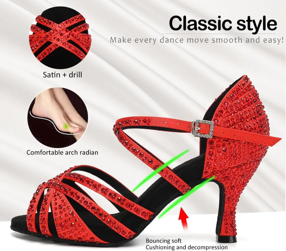 SWDZM Latin Dance Shoes for Women Rhinestone Ballroom Salsa Tango Dancing Wedding Shoes,Model L377-8.5JB