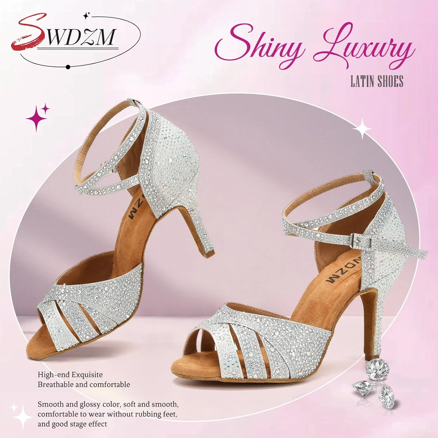 SWDZM Latin Dance Shoes for Women Rhinestone Ballroom Salsa Tango Dancing Wedding Shoes,Model L377-8.5JB