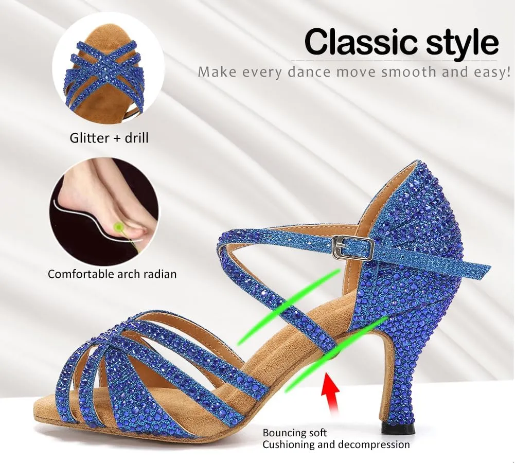 SWDZM Latin Dance Shoes for Women Rhinestone Ballroom Salsa Tango Dancing Wedding Shoes,Model L377-8.5JB