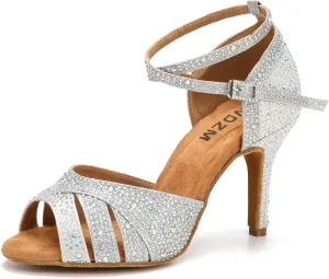 SWDZM Latin Dance Shoes for Women Rhinestone Ballroom Salsa Tango Dancing Wedding Shoes,Model L377-8.5JB