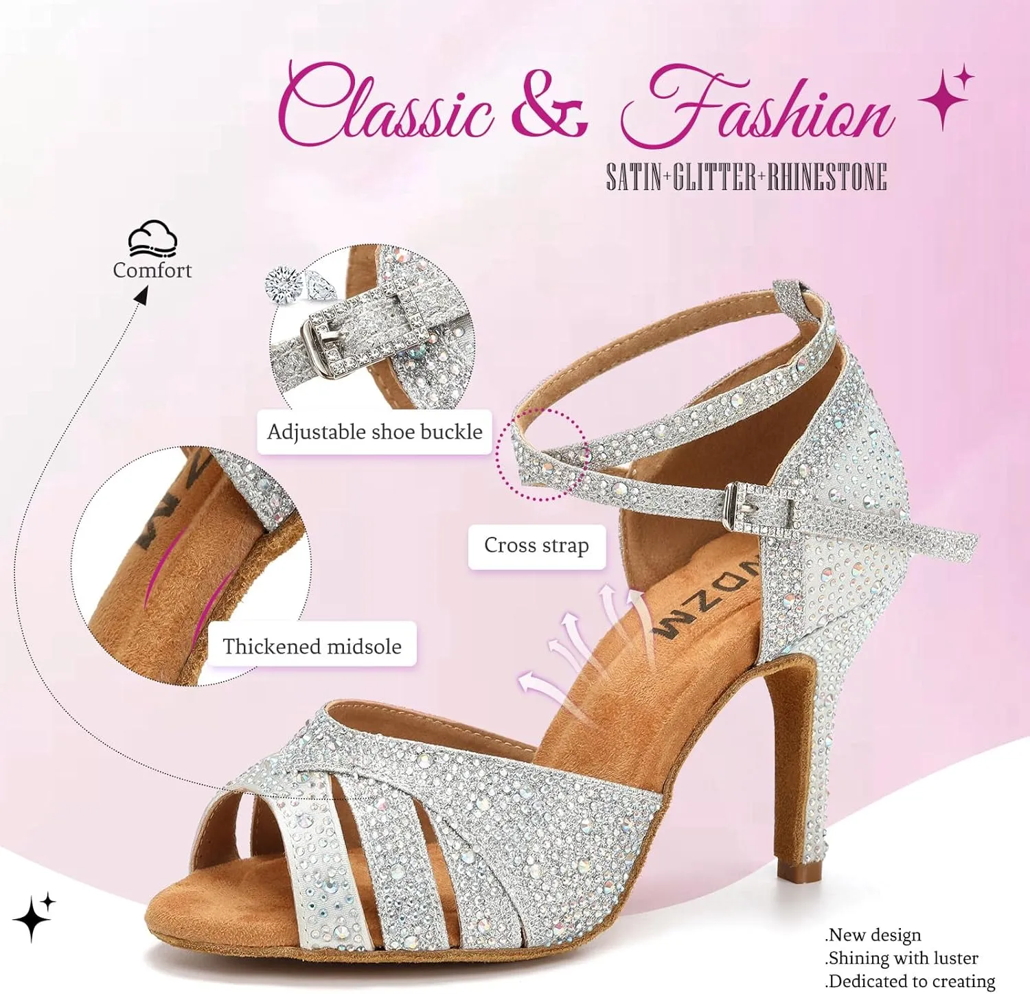 SWDZM Latin Dance Shoes for Women Rhinestone Ballroom Salsa Tango Dancing Wedding Shoes,Model L377-8.5JB