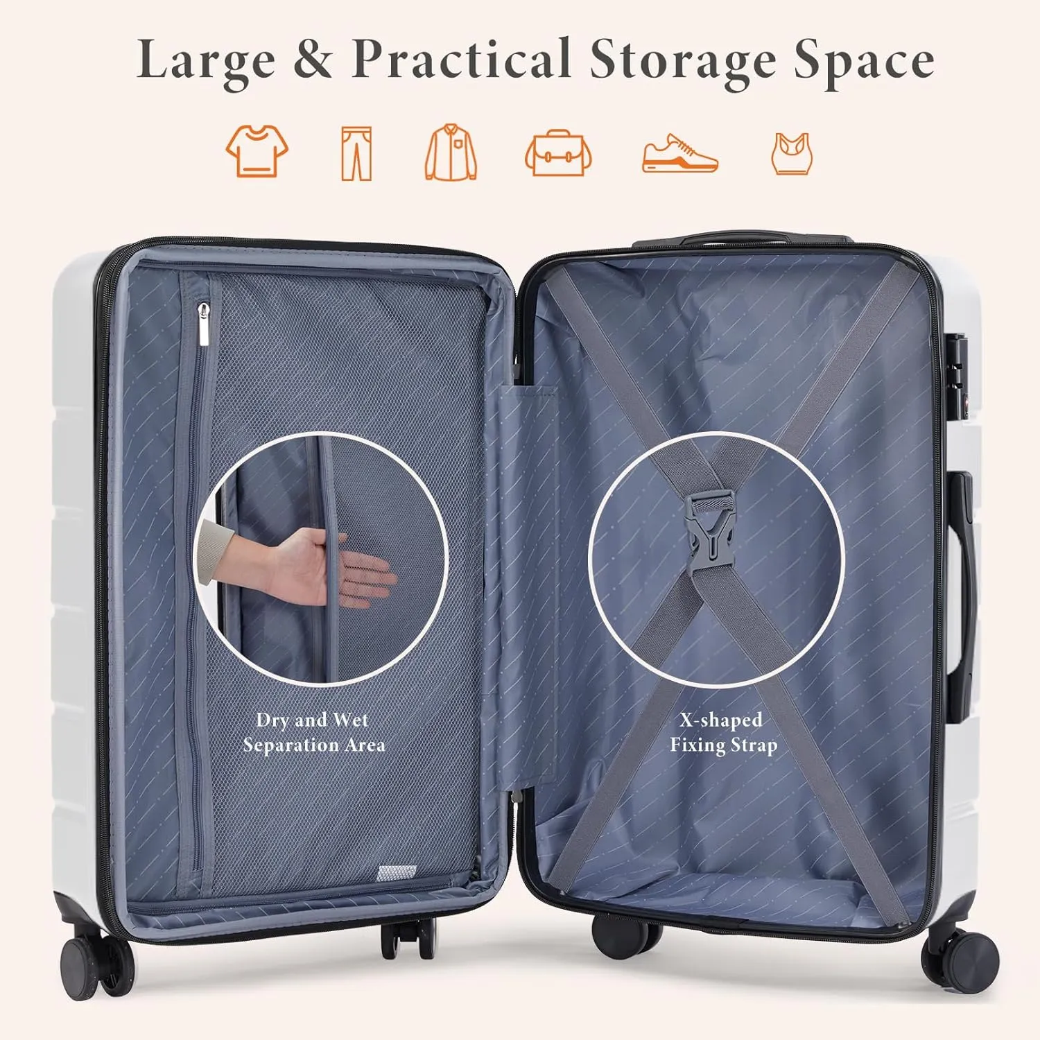 Sweetcrispy Carry on Luggage, Hard Shell ABS, Double Spinner Wheels Lightweight Suitcase TSA Lock, Cream White, 20 Inch