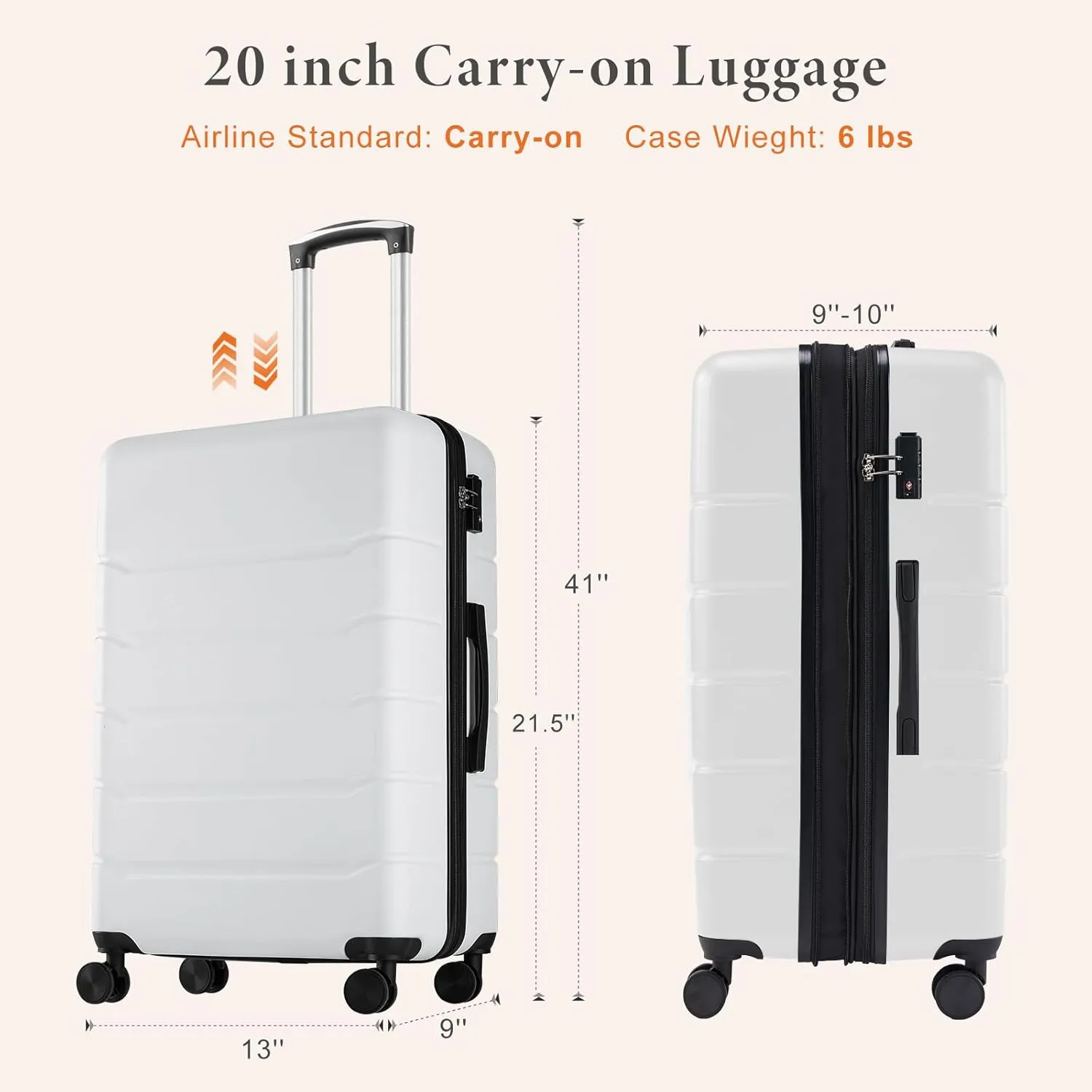 Sweetcrispy Carry on Luggage, Hard Shell ABS, Double Spinner Wheels Lightweight Suitcase TSA Lock, Cream White, 20 Inch
