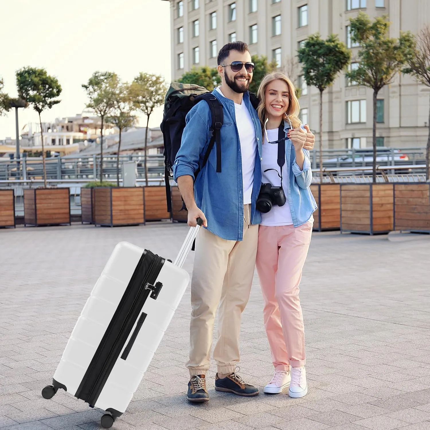 Sweetcrispy Carry on Luggage, Hard Shell ABS, Double Spinner Wheels Lightweight Suitcase TSA Lock, Cream White, 20 Inch