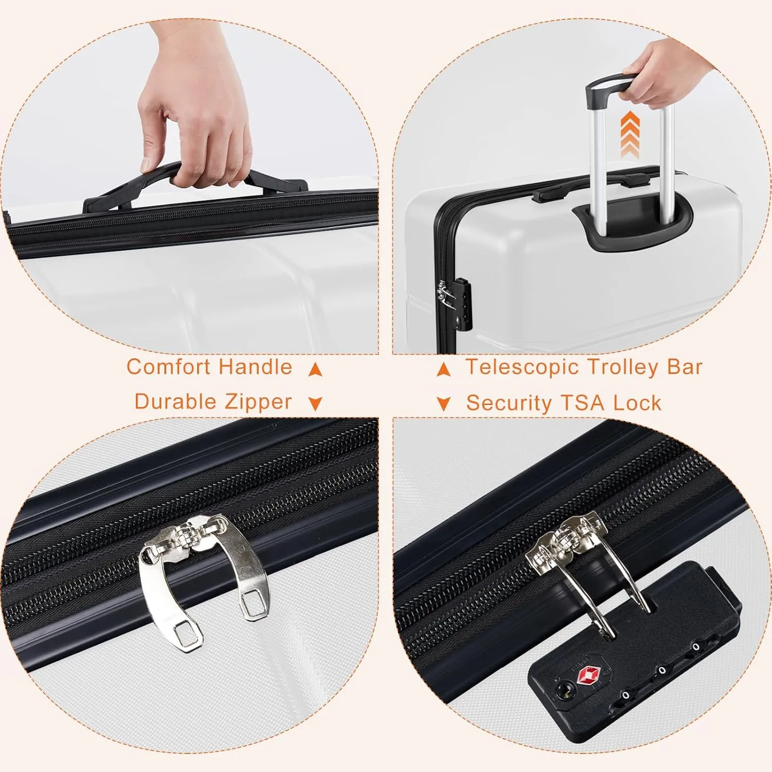Sweetcrispy Carry on Luggage, Hard Shell ABS, Double Spinner Wheels Lightweight Suitcase TSA Lock, Cream White, 20 Inch