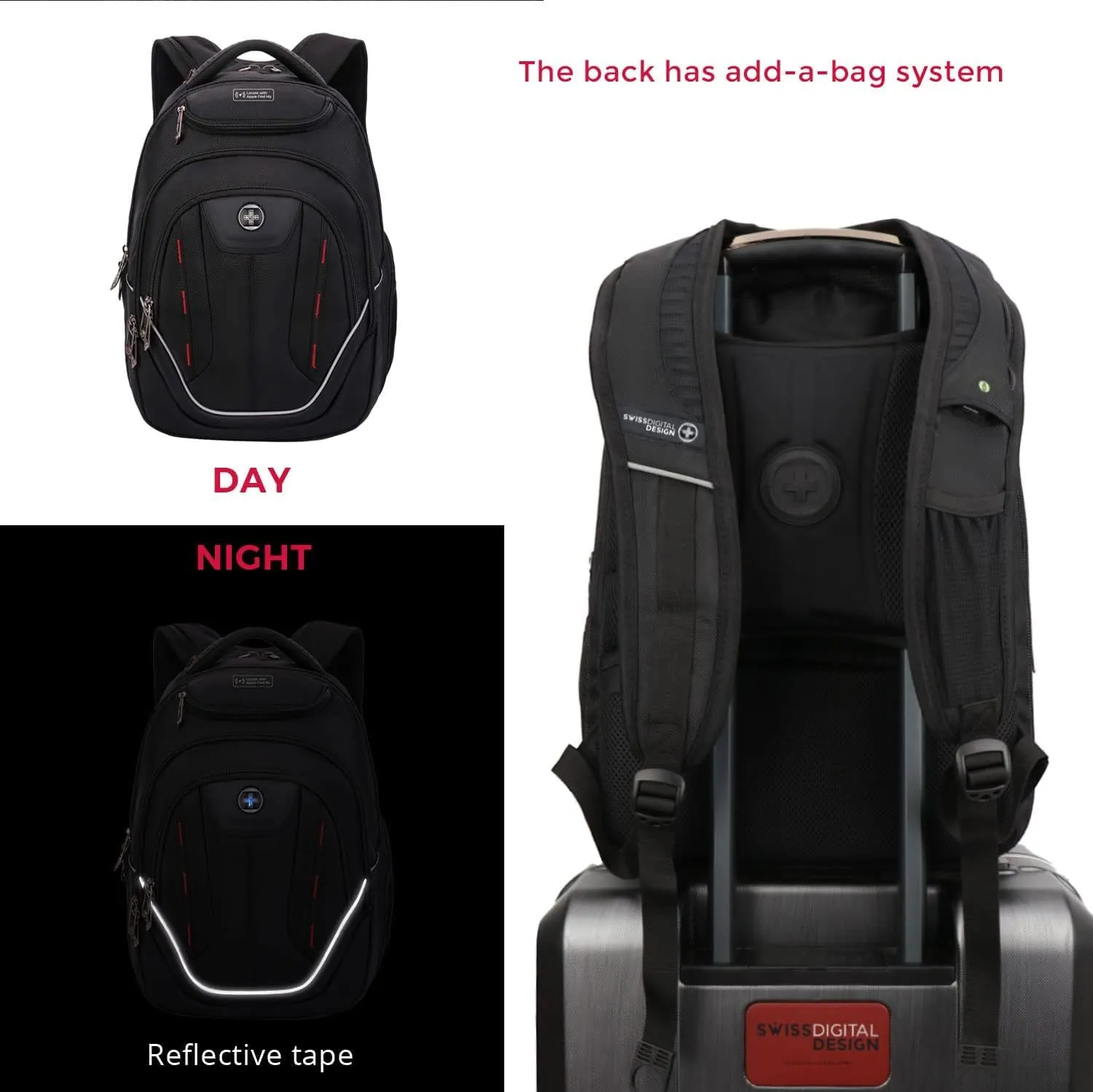 Swissdigital Design TSA Laptop Backpack Men's USB Charging Port Large Capacity Business Travel Backpack Black| With Apple Find My Network Black/Red | J16BTFB-41