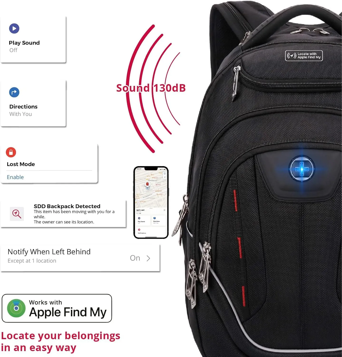 Swissdigital Design TSA Laptop Backpack Men's USB Charging Port Large Capacity Business Travel Backpack Black| With Apple Find My Network Black/Red | J16BTFB-41