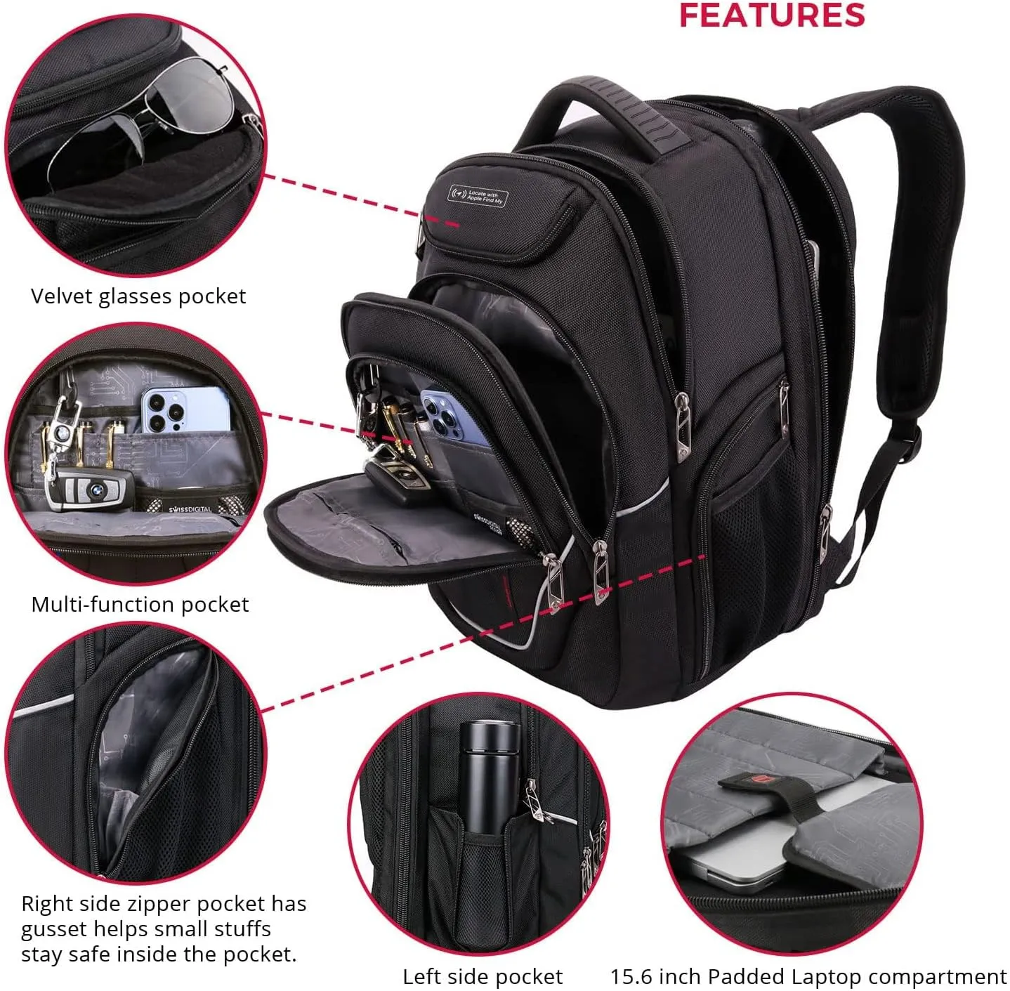 Swissdigital Design TSA Laptop Backpack Men's USB Charging Port Large Capacity Business Travel Backpack Black| With Apple Find My Network Black/Red | J16BTFB-41