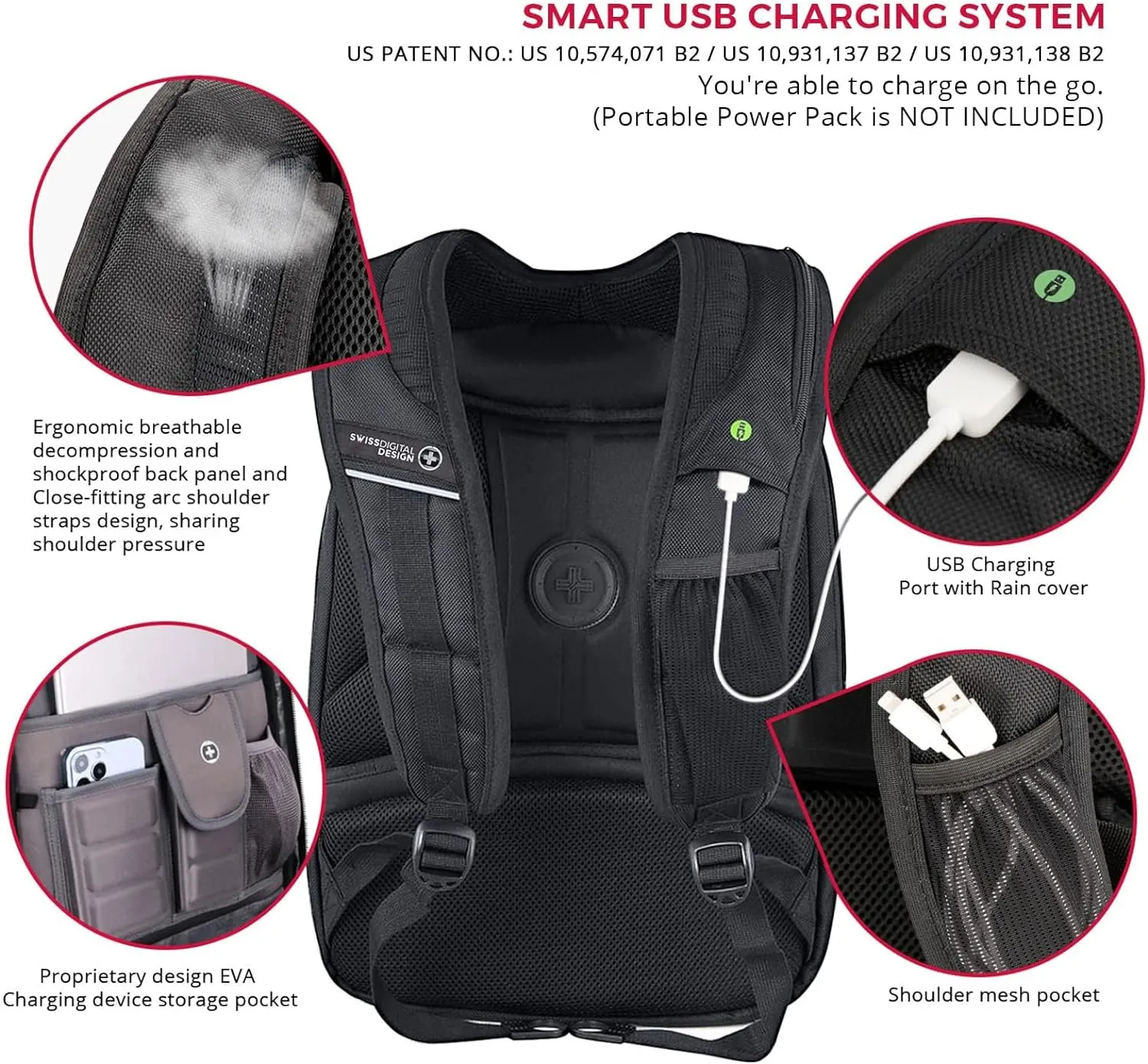 Swissdigital Design TSA Laptop Backpack Men's USB Charging Port Large Capacity Business Travel Backpack Black| With Apple Find My Network Black/Red | J16BTFB-41