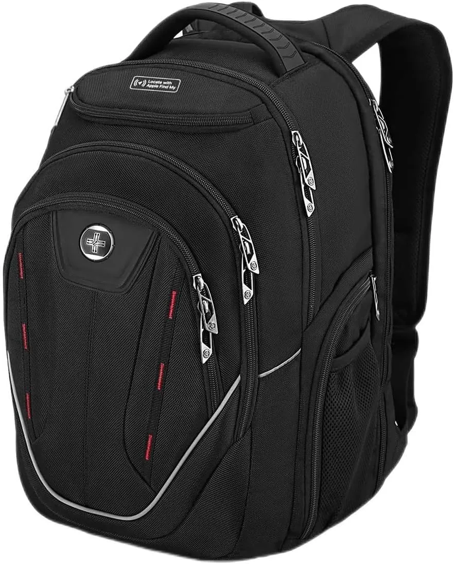 Swissdigital Design TSA Laptop Backpack Men's USB Charging Port Large Capacity Business Travel Backpack Black| With Apple Find My Network Black/Red | J16BTFB-41