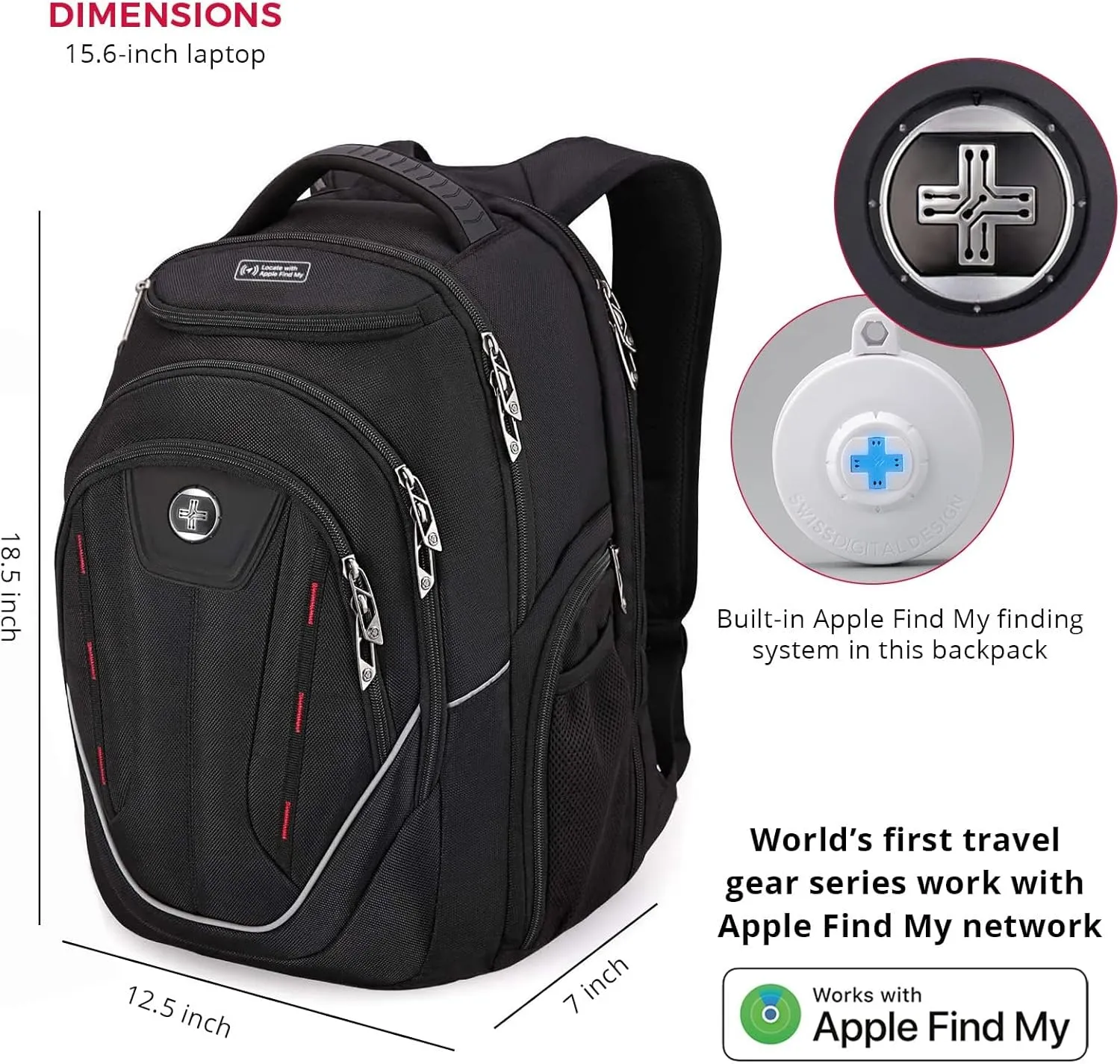Swissdigital Design TSA Laptop Backpack Men's USB Charging Port Large Capacity Business Travel Backpack Black| With Apple Find My Network Black/Red | J16BTFB-41