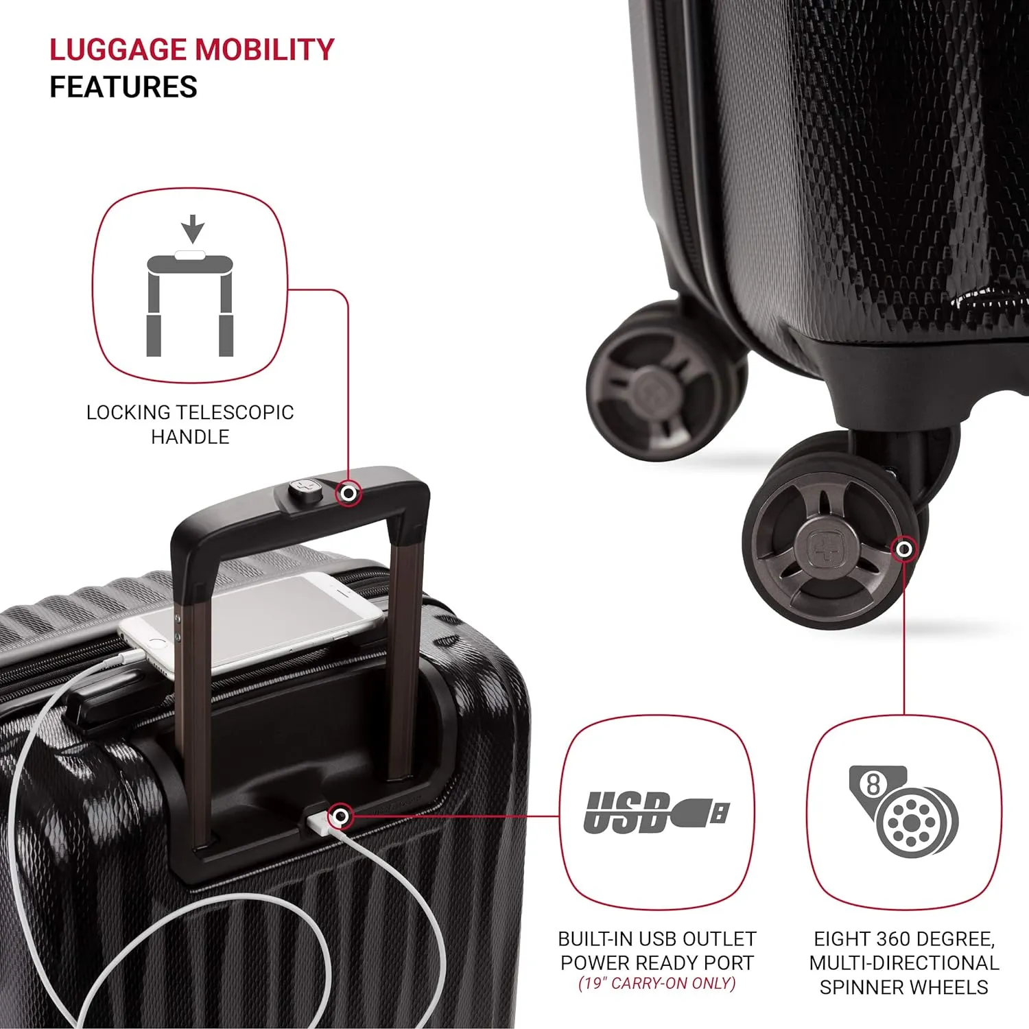 SwissGear 7272 Energie Expandable Hardside Luggage with Spinner Wheels and TSA Lock, Black, 3-Piece Set (19/24/27)
