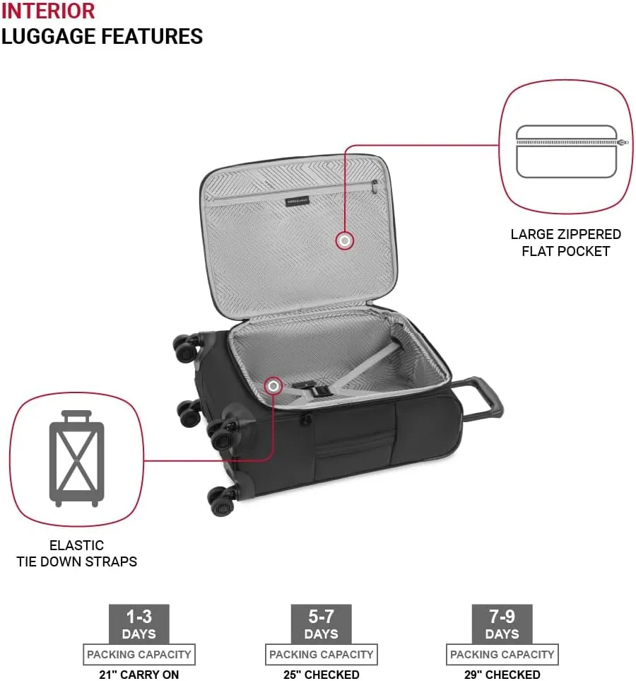 SwissGear Opulence Softside Expandable Luggage with Spinner Wheels, Black, 3-Piece Set (21/25/29)
