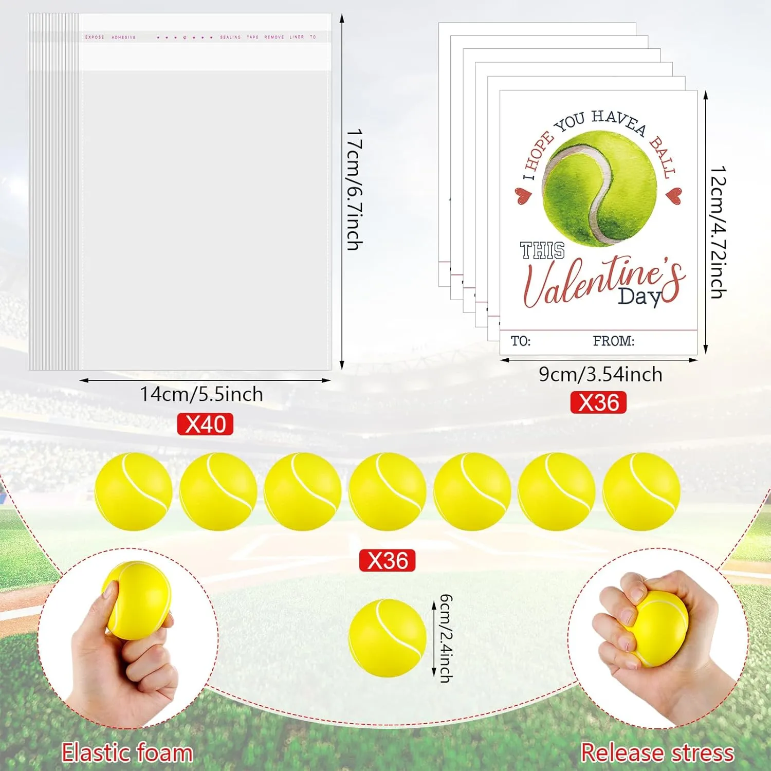 Syhood 36 Set Valentine's Day Tennis Themed Card and Foam Stress Balls for Kids Valentine's Day Classroom Exchange Gift School Prizes and Events Party Favor Supplies