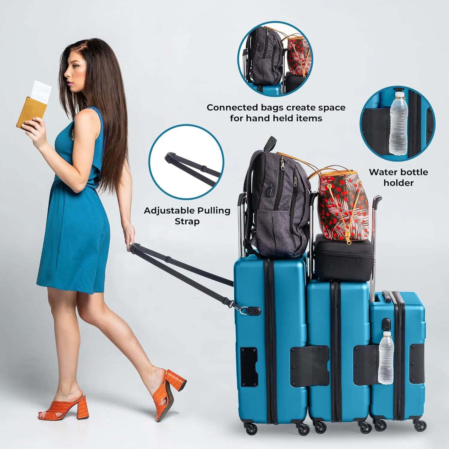 Tach V3.1 Hard Shell 3 Piece Luggage Set - 20, 24 & 28 inch Luggage | Carry On, Medium & Large Checked Suitcases | Patented Built-In Connecting System | Rolling Suitcase Links 9 Bags (Blue)