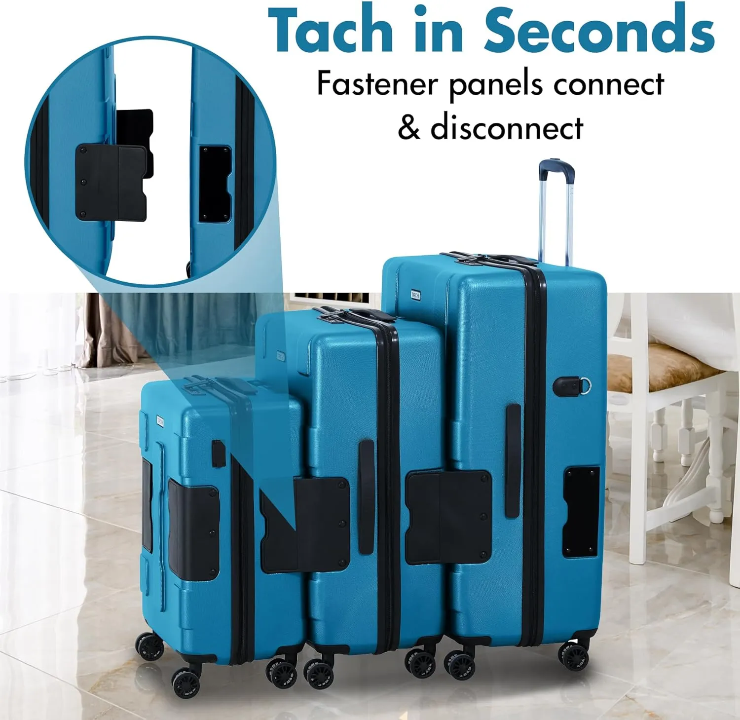 Tach V3.1 Hard Shell 3 Piece Luggage Set - 20, 24 & 28 inch Luggage | Carry On, Medium & Large Checked Suitcases | Patented Built-In Connecting System | Rolling Suitcase Links 9 Bags (Blue)