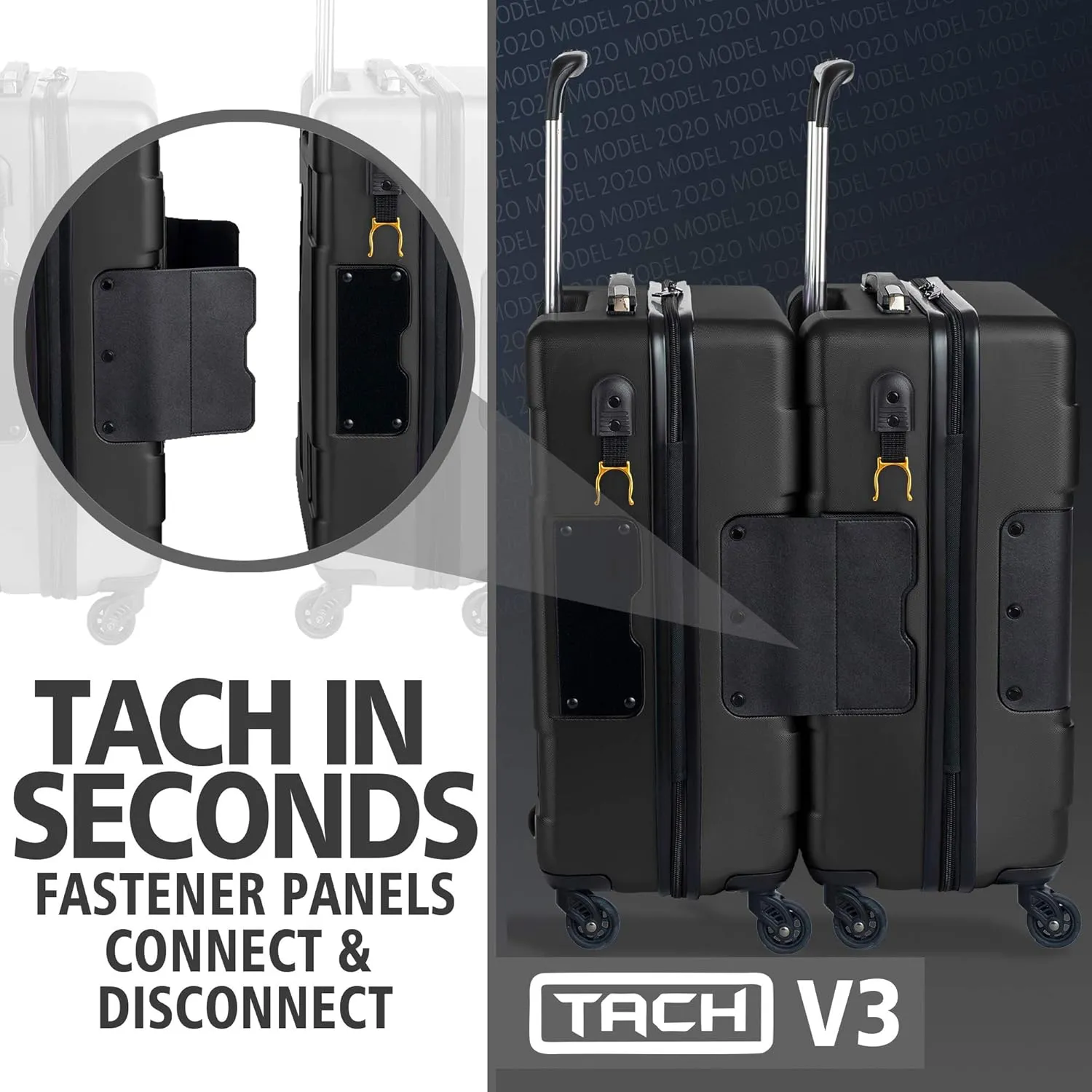 Tach V3.1 Hard Shell Carry On Luggage 20 inch | Carry on Luggage with Spinner Wheels & Patented Built-In Connecting System | One Piece Rolling Suitcase Links 9 Bags At Once (Black)