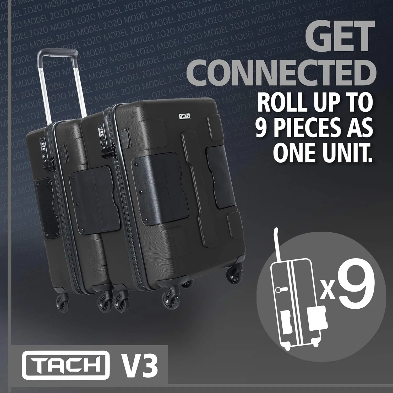 Tach V3.1 Hard Shell Carry On Luggage 20 inch | Carry on Luggage with Spinner Wheels & Patented Built-In Connecting System | One Piece Rolling Suitcase Links 9 Bags At Once (Black)