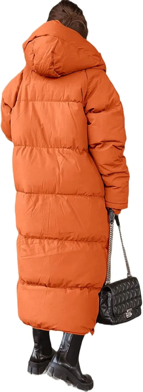 Tankaneo Womens Hooded Long Quilted Coat Maxi Length Long Sleeve Puffer Jacket Warm Padded Coat Thick Winter Outerwear