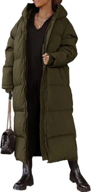 Tankaneo Womens Hooded Long Quilted Coat Maxi Length Long Sleeve Puffer Jacket Warm Padded Coat Thick Winter Outerwear