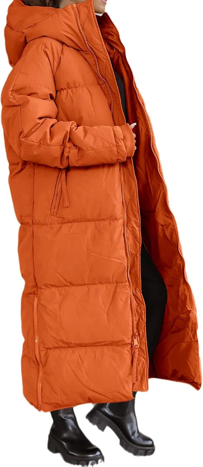 Tankaneo Womens Hooded Long Quilted Coat Maxi Length Long Sleeve Puffer Jacket Warm Padded Coat Thick Winter Outerwear
