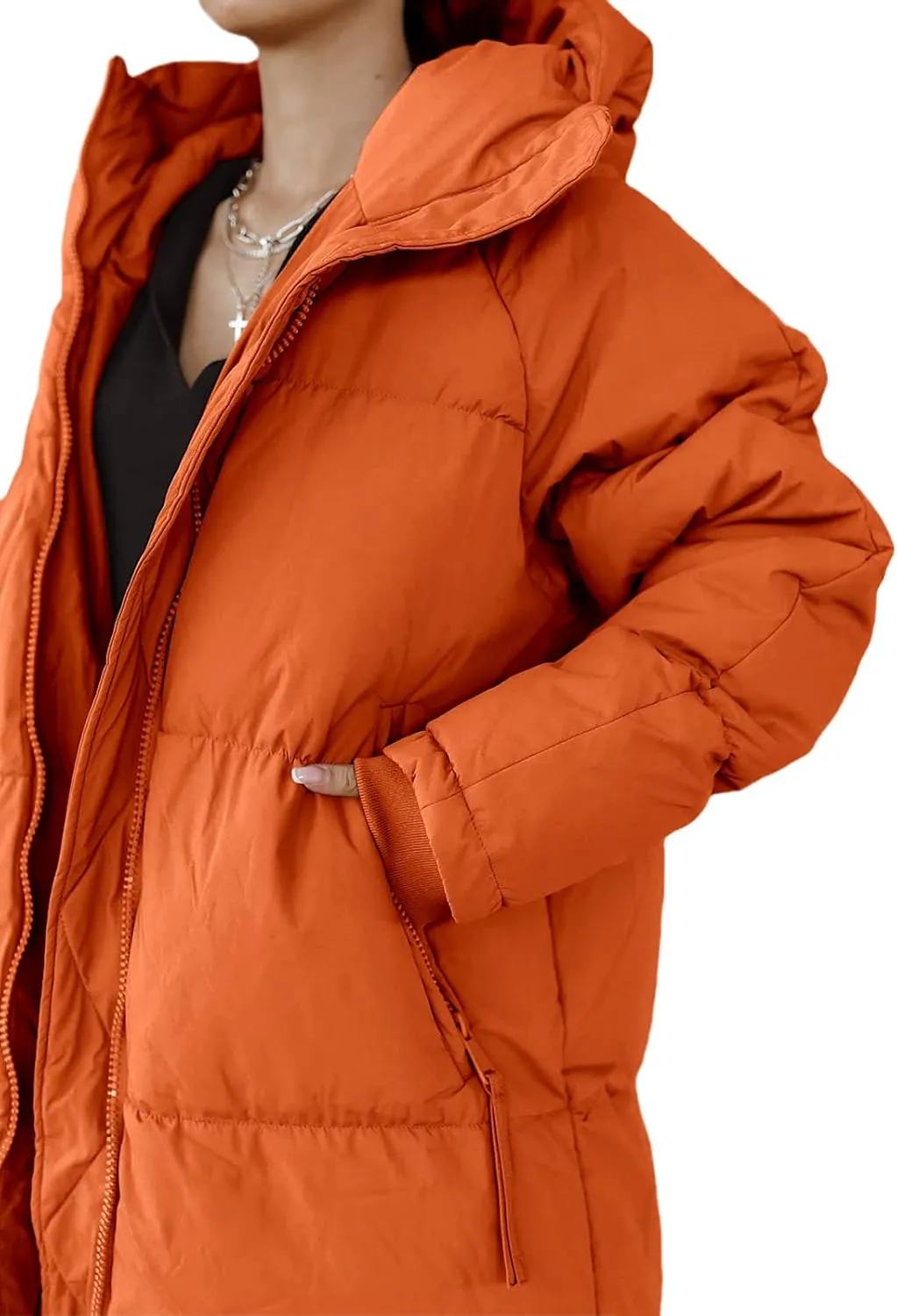 Tankaneo Womens Hooded Long Quilted Coat Maxi Length Long Sleeve Puffer Jacket Warm Padded Coat Thick Winter Outerwear