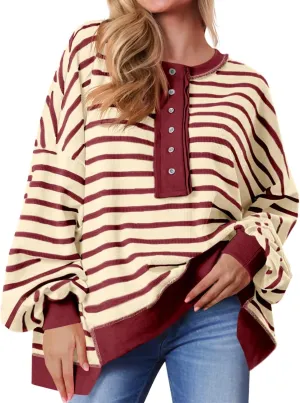 Tankaneo Womens Oversized Striped Sweatshirts Henley Shirts Color Block Casual Pullover Waffle Knit Tops