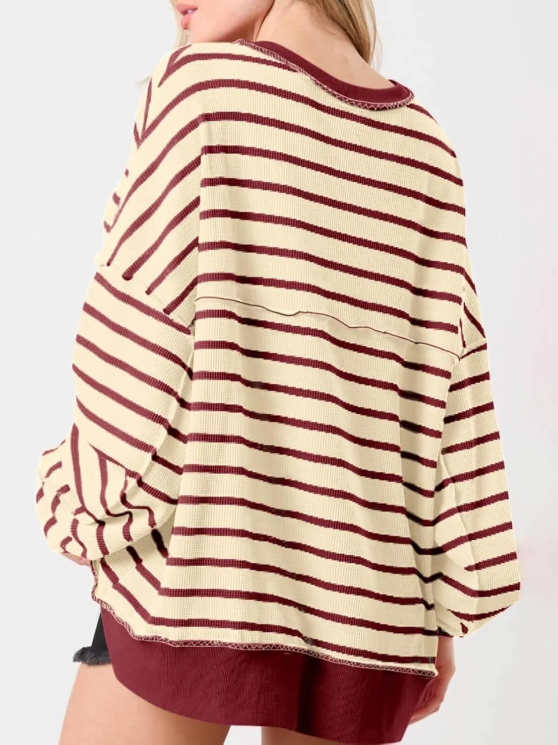 Tankaneo Womens Oversized Striped Sweatshirts Henley Shirts Color Block Casual Pullover Waffle Knit Tops
