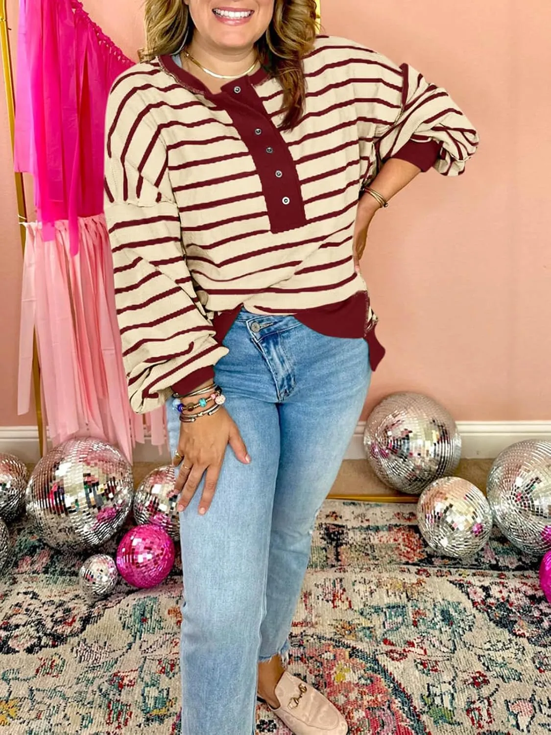 Tankaneo Womens Oversized Striped Sweatshirts Henley Shirts Color Block Casual Pullover Waffle Knit Tops