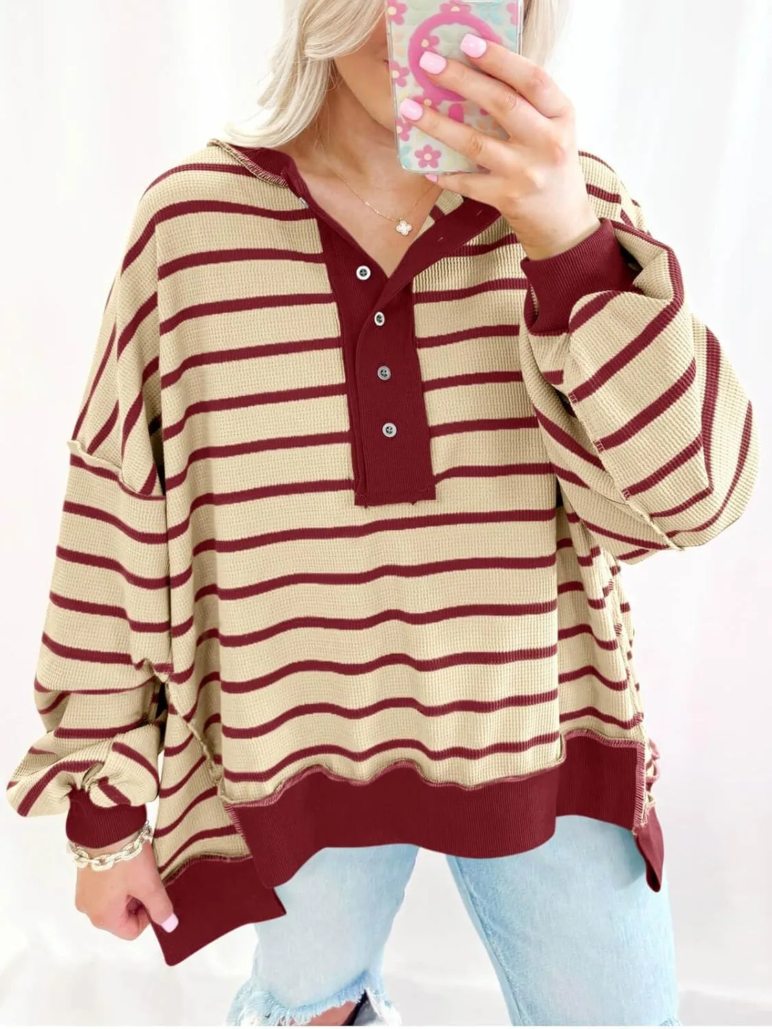 Tankaneo Womens Oversized Striped Sweatshirts Henley Shirts Color Block Casual Pullover Waffle Knit Tops
