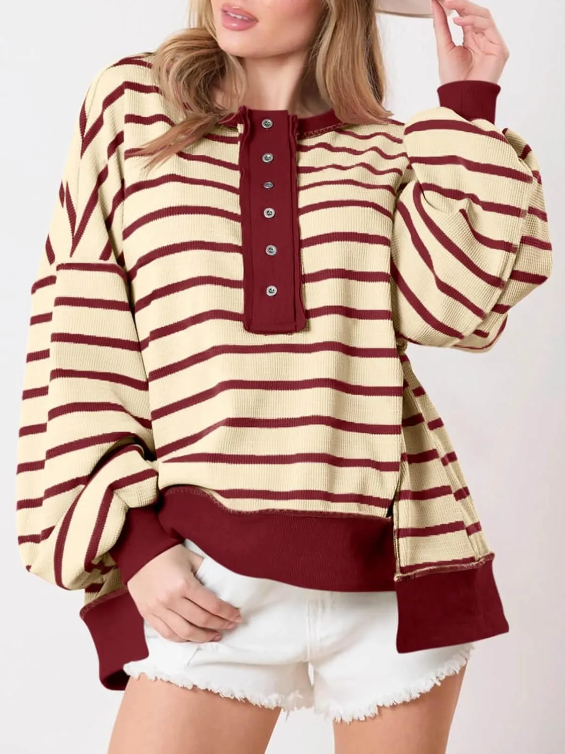 Tankaneo Womens Oversized Striped Sweatshirts Henley Shirts Color Block Casual Pullover Waffle Knit Tops
