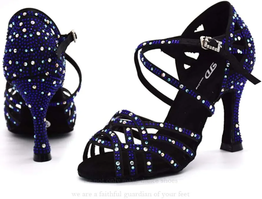 TDA Women's Flared Heel Satin Rhinestones Cut-out Rumba Samba Tango Latin Dance Shoes Wedding Praty Sandals