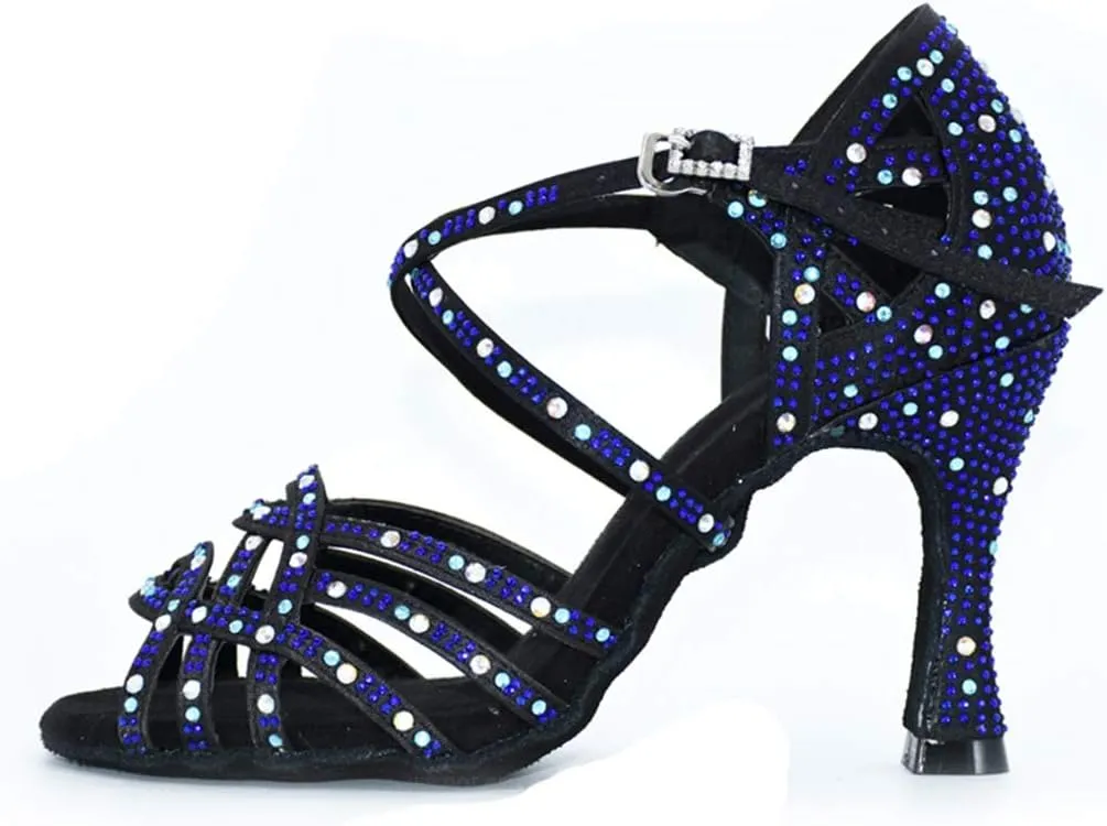 TDA Women's Flared Heel Satin Rhinestones Cut-out Rumba Samba Tango Latin Dance Shoes Wedding Praty Sandals