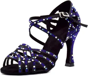 TDA Women's Flared Heel Satin Rhinestones Cut-out Rumba Samba Tango Latin Dance Shoes Wedding Praty Sandals