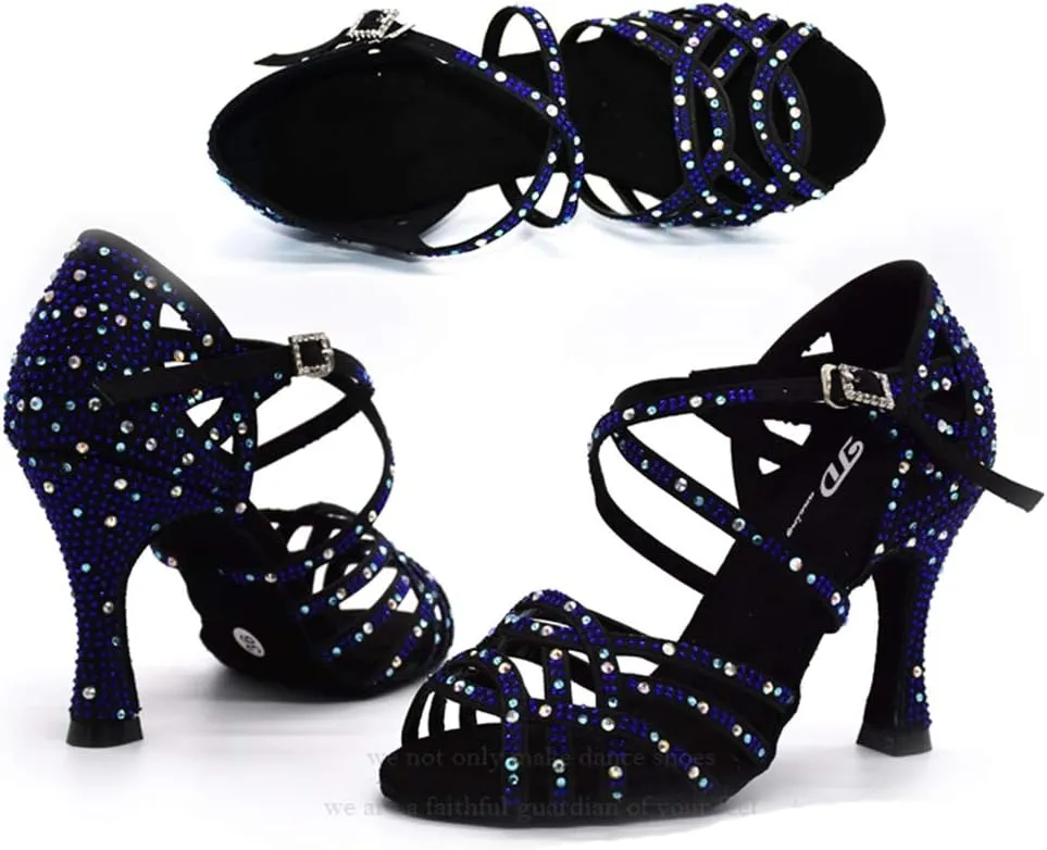 TDA Women's Flared Heel Satin Rhinestones Cut-out Rumba Samba Tango Latin Dance Shoes Wedding Praty Sandals
