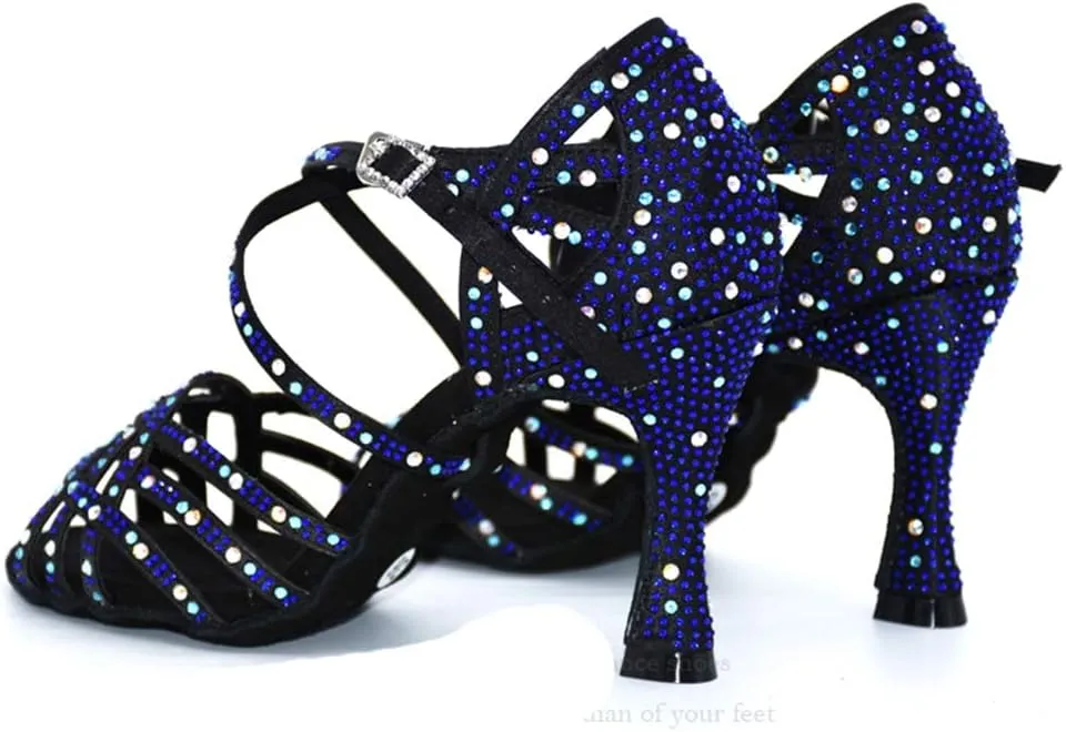 TDA Women's Flared Heel Satin Rhinestones Cut-out Rumba Samba Tango Latin Dance Shoes Wedding Praty Sandals