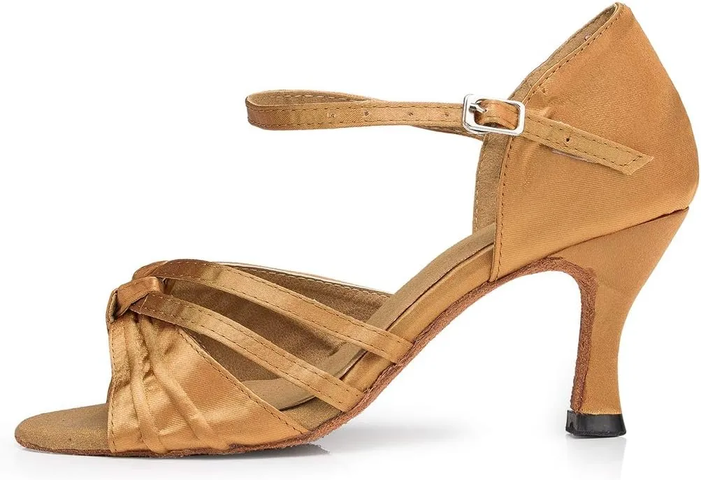 TDA Women's Peep Toe Ankle Strap Knot Satin Samba Salsa Latin Modern Dance Wedding Shoes