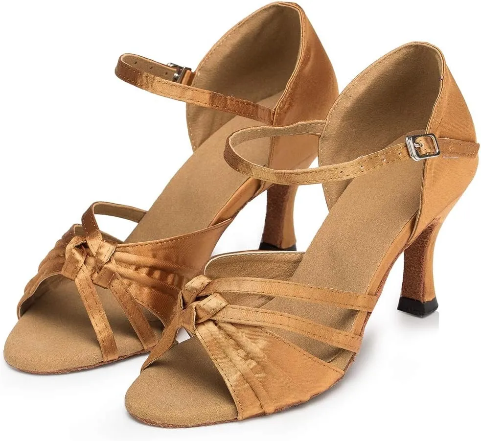 TDA Women's Peep Toe Ankle Strap Knot Satin Samba Salsa Latin Modern Dance Wedding Shoes