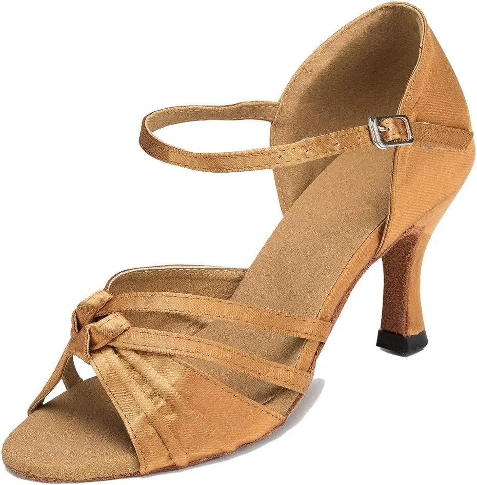 TDA Women's Peep Toe Ankle Strap Knot Satin Samba Salsa Latin Modern Dance Wedding Shoes