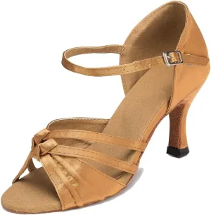 TDA Women's Peep Toe Ankle Strap Knot Satin Samba Salsa Latin Modern Dance Wedding Shoes