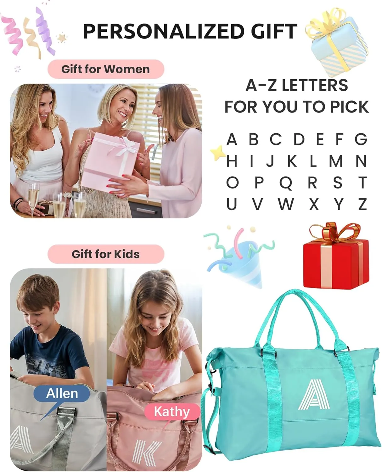 Teen Girl Gift, Birthday Gift, Initial Travel Bag, Sports Bag, Personalized Weekender Bag, Monogram Overnight Bag Gift for Her,Cool Gifts Girls (Letter I)