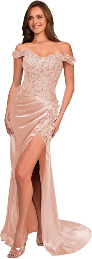 Teens Off Shoulder Satin Prom Dresses Long with Slit 2024 3D Flower Lace Applique Formal Evening Party Gowns VS049N