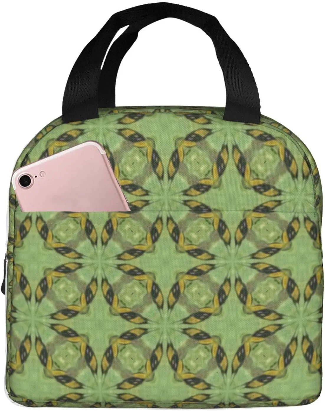 Thai Traditional Green Pattern Lunch Bag, Large Capacity Reusable Insulated Cooler Lunch Container For Work Office Picnic Or Travel