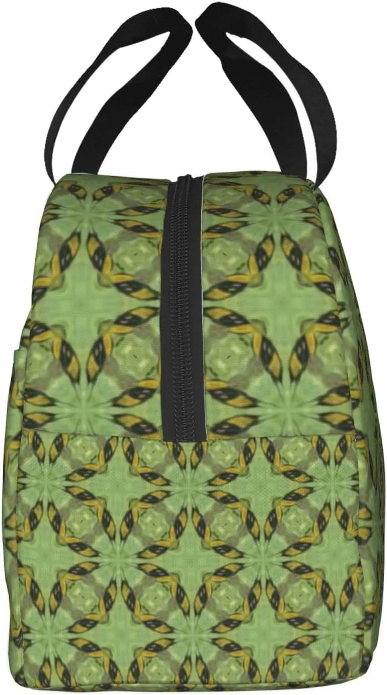 Thai Traditional Green Pattern Lunch Bag, Large Capacity Reusable Insulated Cooler Lunch Container For Work Office Picnic Or Travel